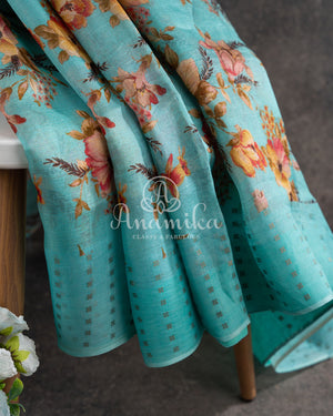 Pastel Blue Floral Organza with woven sequins border - paired with a checkered silk blouse