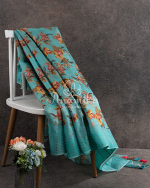 Pastel Blue Floral Organza with woven sequins border - paired with a checkered silk blouse