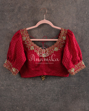 Pastel Blue Floral Organza with woven sequins border - paired with a checkered silk blouse