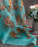 Pastel Blue Floral Organza with woven sequins border - paired with a checkered silk blouse