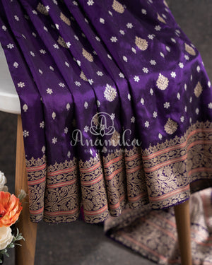 Royale Purple Banarasi Saree paired with a contrast zardosi work blouse