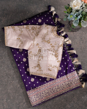 Royale Purple Banarasi Saree paired with a contrast zardosi work blouse