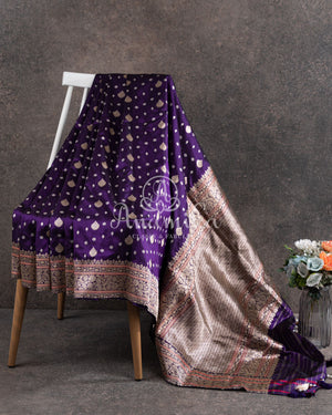 Royale Purple Banarasi Saree paired with a contrast zardosi work blouse