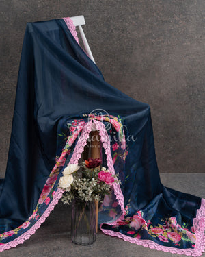 Dark Blue Satin Georgette Floral Saree with a balloon sleeves blouse