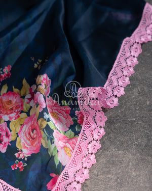Dark Blue Satin Georgette Floral Saree with a balloon sleeves blouse