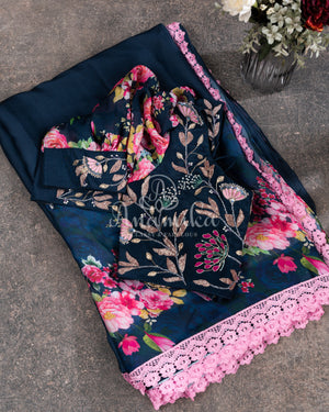 Dark Blue Satin Georgette Floral Saree with a balloon sleeves blouse