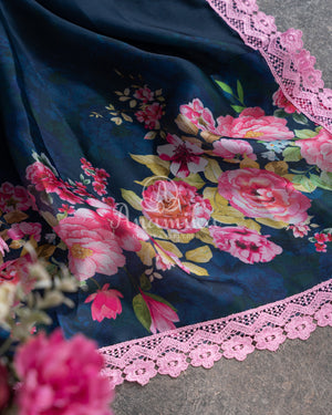 Dark Blue Satin Georgette Floral Saree with a balloon sleeves blouse