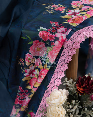 Dark Blue Satin Georgette Floral Saree with a balloon sleeves blouse