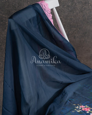 Dark Blue Satin Georgette Floral Saree with a balloon sleeves blouse