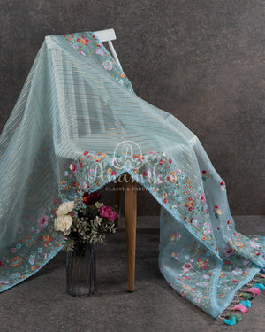 Ice Blue Organza Saree with floral thread work border