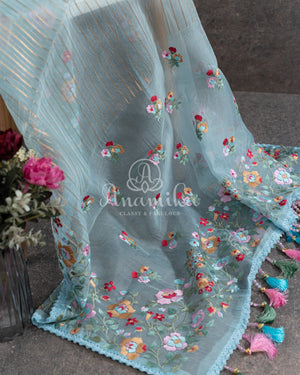 Ice Blue Organza Saree with floral thread work border