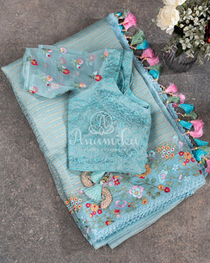 Ice Blue Organza Saree with floral thread work border