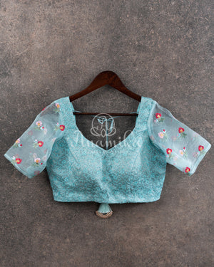 Ice Blue Organza Saree with floral thread work border