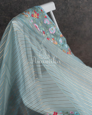 Ice Blue Organza Saree with floral thread work border