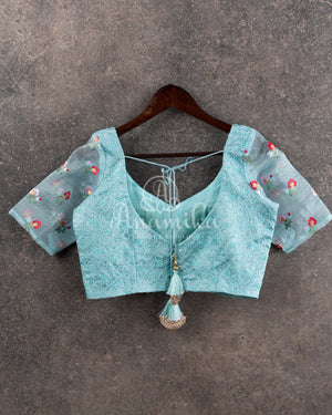 Ice Blue Organza Saree with floral thread work border