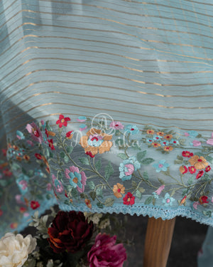 Ice Blue Organza Saree with floral thread work border