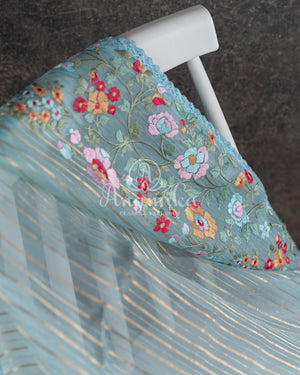 Ice Blue Organza Saree with floral thread work border