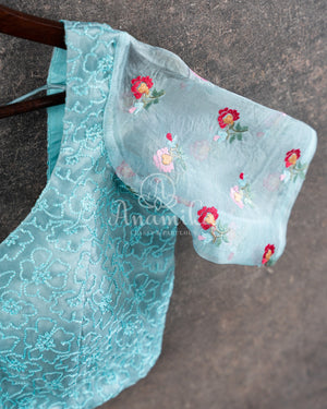 Ice Blue Organza Saree with floral thread work border