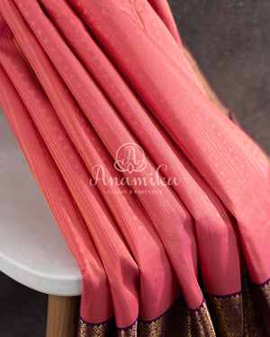 Lovely Peach Kanjeevaram saree with a contrast purple kanchi border