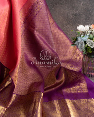 Lovely Peach Kanjeevaram saree with a contrast purple kanchi border