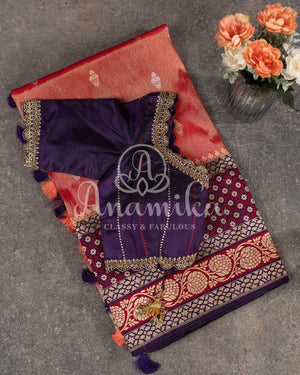 Rust Orange Banarasi Kora Tissue with a contrast purple pure silk blouse