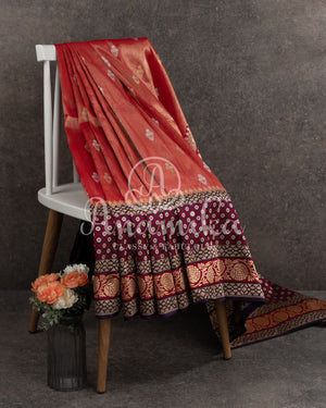 Rust Orange Banarasi Kora Tissue with a contrast purple pure silk blouse