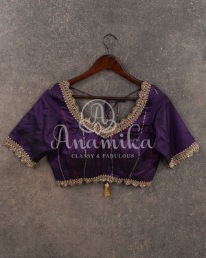 Rust Orange Banarasi Kora Tissue with a contrast purple pure silk blouse