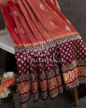 Rust Orange Banarasi Kora Tissue with a contrast purple pure silk blouse