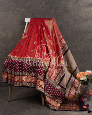 Rust Orange Banarasi Kora Tissue with a contrast purple pure silk blouse