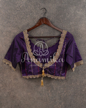 Rust Orange Banarasi Kora Tissue with a contrast purple pure silk blouse
