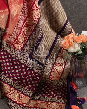Rust Orange Banarasi Kora Tissue with a contrast purple pure silk blouse