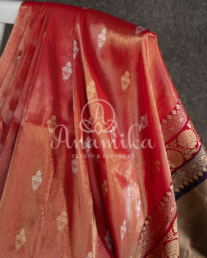 Rust Orange Banarasi Kora Tissue with a contrast purple pure silk blouse
