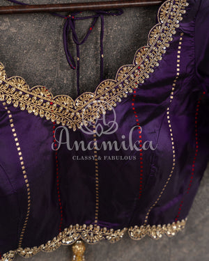 Rust Orange Banarasi Kora Tissue with a contrast purple pure silk blouse