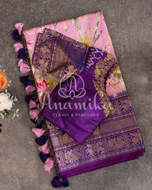 Pink Purple Floral Kanjeevaram Saree