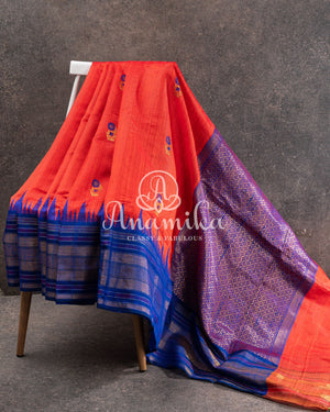 Bright Orange and Royal Blue Pattu Saree