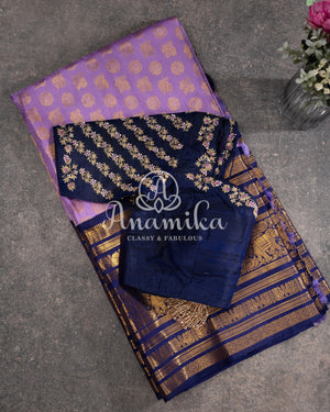 Lavender and Dark Blue Kanjeevaram Saree