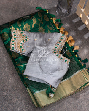 Green Chanderi Saree w/ Silver Blouse