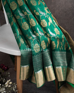Green Chanderi Saree w/ Silver Blouse