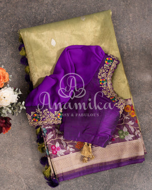 Pista Green and Purple Banarasi Kora Tissue Saree