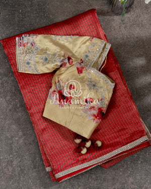 Red Tissue Chanderi Saree w/ Yellow Floral Blouse