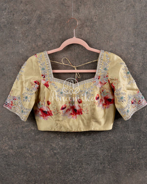 Red Tissue Chanderi Saree w/ Yellow Floral Blouse