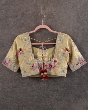 Red Tissue Chanderi Saree w/ Yellow Floral Blouse