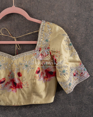 Red Tissue Chanderi Saree w/ Yellow Floral Blouse