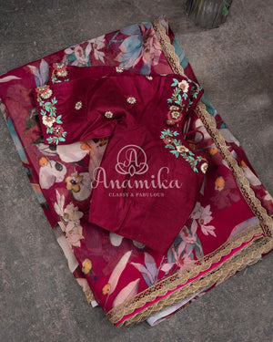 Maroon Floral Gerogette Saree