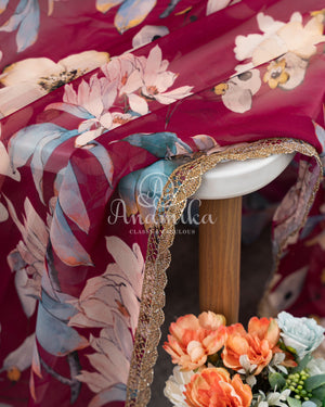 Maroon Floral Gerogette Saree