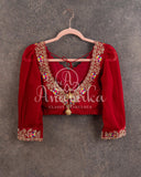 Red Blouse with intricately designed work and georgette balloon sleeves