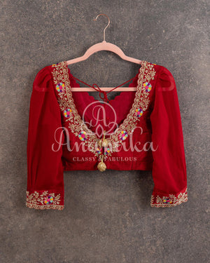 Red Blouse with intricately designed work and georgette balloon sleeves