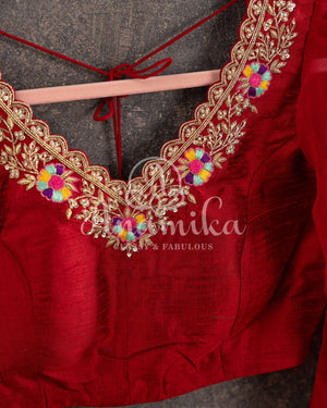 Red Blouse with intricately designed work and georgette balloon sleeves