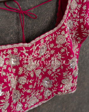 Hot Pink heavy embroidered Silver zardosi work blouse