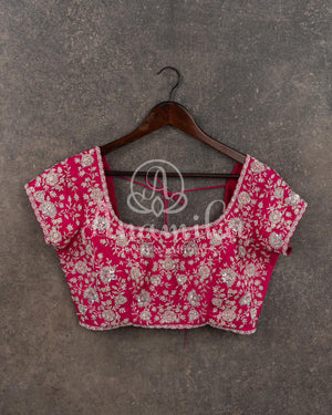 Hot Pink heavy embroidered Silver zardosi work blouse